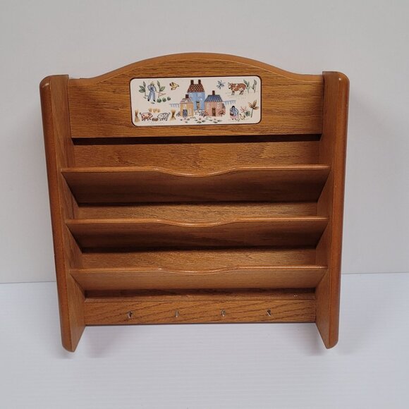 Heartland Farmhouse Wood Mail Sorter Holder Wall Mount 4 Key Rack 12" x 12'' - Picture 1 of 5